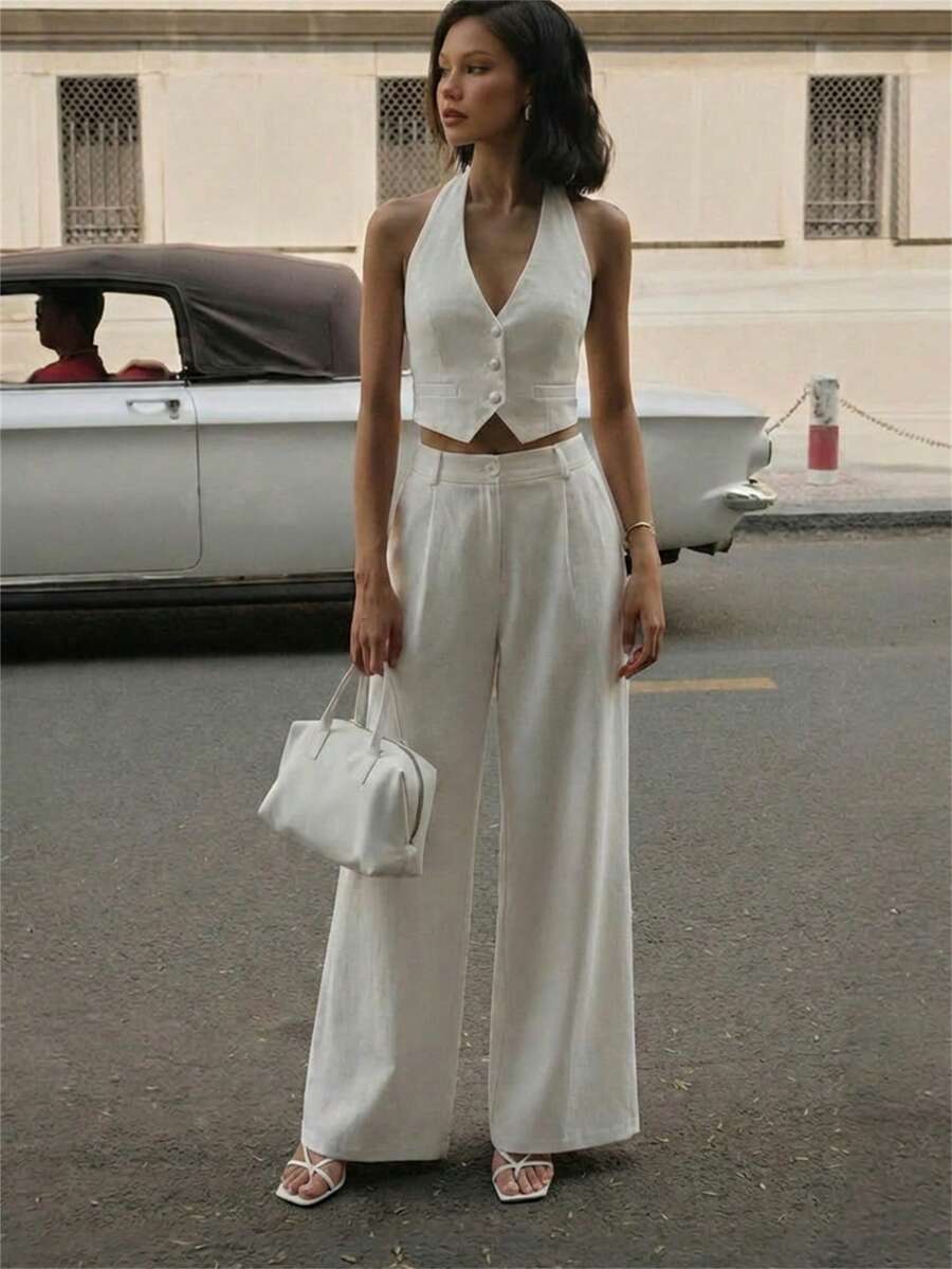 Aloruh 女士优雅通勤系带露背背心，高腰阔腿长款套装 - 白色 - 查看 1