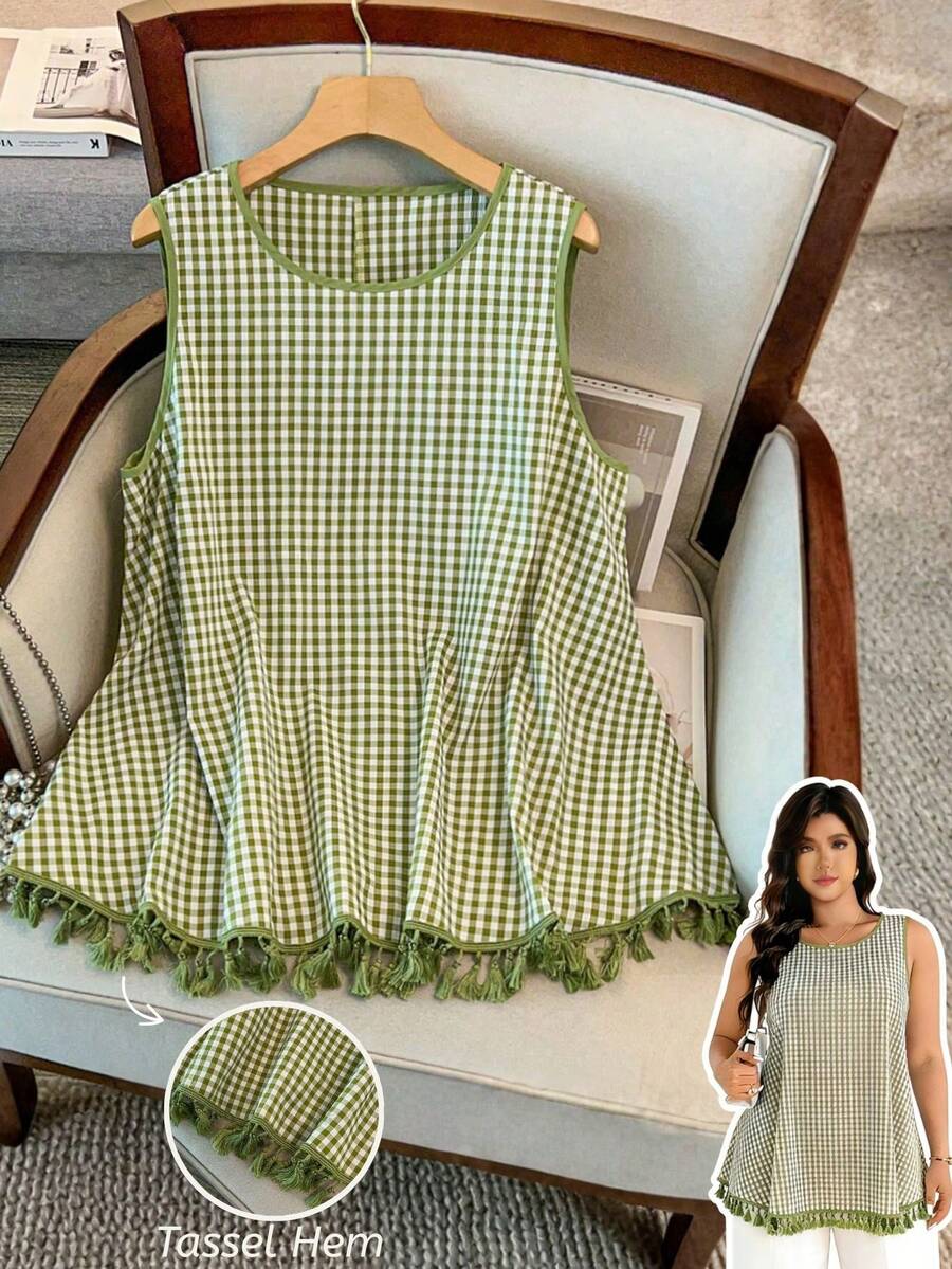 GlowEve CURVE Blusa sin mangas con estampado a cuadros y flecos, vestido casual de verano para mujer, vestido de verano verde, vestido casual de verano para mujer, vestido estilo cottage, blusa con estampado de guinga, blusa a cuadros para mujer, blusa casual para mujer, blusa sin mangas con flecos - Multicolor - Ver 1