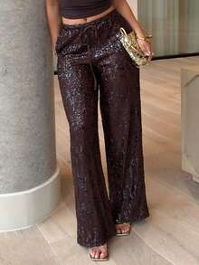 leahseptember Women's Brown Patterned Shiny Sequin Pants, Suitable For Daily Wear/Concert Wear/Cocktail Wear/Party Wear/Night Out/Rave Party Exquisite And Gorgeous Evening Shiny Sequin Drawstring Wide Leg Pants/Christmas/Halloween/Club/Going Out Bottoms - Brown - View 3
