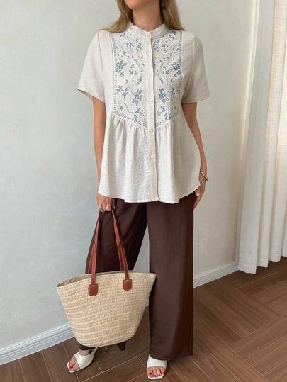 Vivie Lora 中老年女性花卉印花拼接衬衫和裤子套装