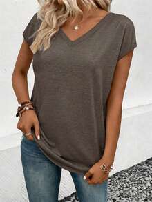 EMERY ROSE Women's Solid Color V-Neck Short Sleeve Casual Versatile T-Shirt - Coffee Brown - View 3