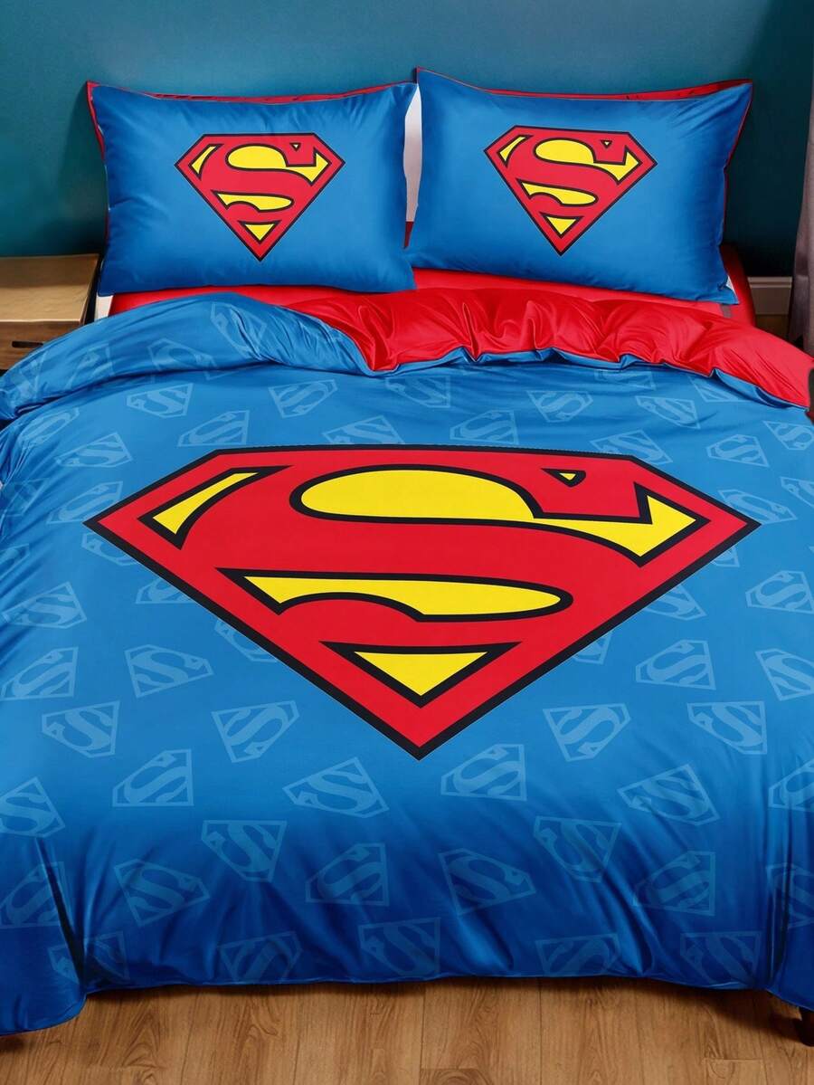 SUPERMAN X SHEIN Set 3 buah Sarung Selimut Motif Kartun, Lembut & Hangat, Dapat Dicuci, Cocok untuk Kasur Ukuran Single/Double/Queen/King - MultiWarna - View 1