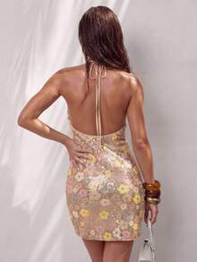 SHEIN Glamour 新款 Tendeapricot 粉色无袖挂绳露背性感迷你连衣裙，珠帘面料亮片短款女装，生日、约会之夜 - 彩色 - 查看 2