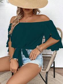 EMERY ROSE Plus Size Women Solid Color Off Shoulder Tie-Waist Casual Shirt - Lime Green - View 5