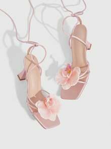 CUCCOO SZL Summer New Pink Flower Thick Heel Square Toe Fashionable And Elegant Women's High Heel Sandals Prom Heels Summer Shoes - Pink - View 2