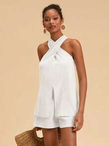 Travachic Women's Casual Solid Color Halter Neck Tank Top & Shorts 2-Piece Set - White - View 4