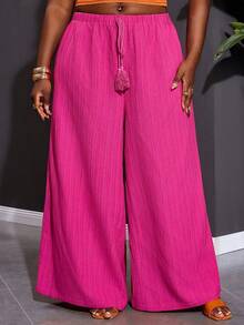 SHEIN CURVE+ Curve 尺码 US22 音乐节、海滨度假、波西米亚风女士宽松黑色阔腿梭织裤，带腰带 - 玫紅色 - 查看 4