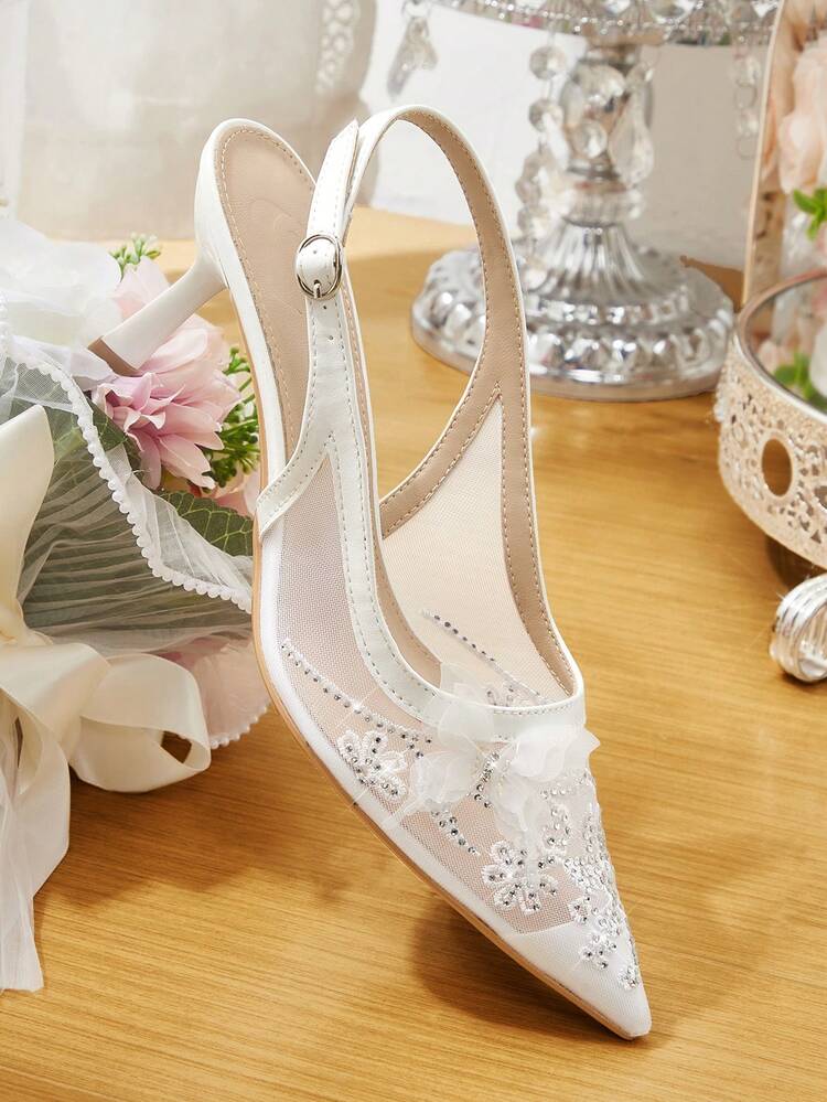 CUCCOO HITCHD Women Shoes Four Seasons New Embroidery Diamond Press Butterfly Flower Design Pointed Toe Thin Heel High Heel Elegant Temperament Stylish Mesh Women's High Heel Shoes Back Lift With Dew Heel Shoes Elegant Temperament Afternoon Tea Valentine's Day Party Wedding Wear