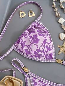 Swim Vcay 女款優雅紫色花卉印花兩件式比基尼套裝，掛脖三角上衣與高衩綁繩三角褲，夏季休閒度假海灘泳裝 - 紫色 - 查看 3