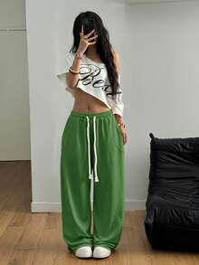 SHEIN Tall CURVE 加大码女式街头风外出休闲装束，加大码弹力腰带舒适灰色弯刀裤 - 綠色 - 查看 5