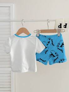 SHEIN Bộ áo thun tối giản thường ngày cho bé trai, thích hợp cho mùa hè, họa tiết khủng long dễ thương và thời trang cổ điển. - Nhiều màu - Xem 3