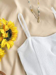 SHEIN 少女蓝色纹理雪纺层叠荷叶边下摆系带腰连体裤，春夏休闲度假风 - 白色 - 查看 5