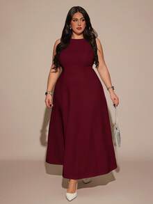 SHEIN BAE 大码女士优雅无袖连衣裙，船领设计，适合秋冬季节穿着 - 酒紅色 - 查看 1