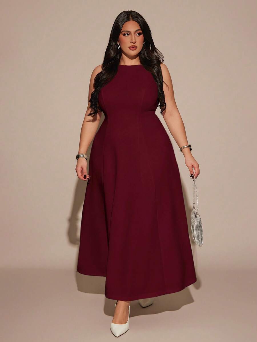 SHEIN BAE 大码女士优雅无袖连衣裙，船领设计，适合秋冬季节穿着 - 酒紅色 - 查看 1