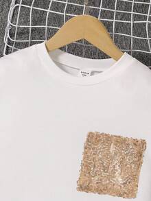 2 piezas Conjunto de niña preadolescente con top de manga corta de cuello redondo decorado con lentejuelas y falda elegante de malla brillante, para primavera y verano, vacaciones, verano, viaje - Rosa - Ver 4