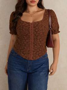Elaquor Áo thun nữ cỡ lớn tay cánh hoa thanh lịch, kiểu dáng ôm sát, chất liệu jacquard, phong cách nghỉ dưỡng. - màu nâu - Xem 8