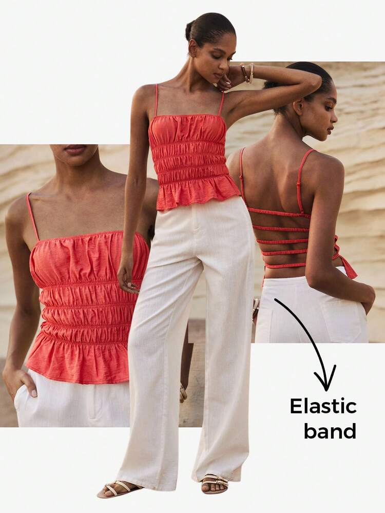 SHEIN Maija MAIJA Summer Beach Floral Smocked Shirred Spaghetti Strap Cami Top