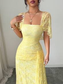 Modelyn 独特不对称设计方领蕾丝连衣裙，青春靓丽，时尚甜美，性感迷人，收腰设计，别具一格，优雅迷人，女士连衣裙 - 黃色 - 查看 8