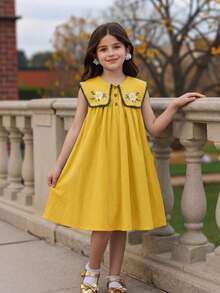 SHEIN Tween Girls/Tween Girl Girls Pastoral Floral Embroidered Pattern Ruffle Collar Puff Sleeve Dress,Versatile Round Neck Trim Contrast Color - Yellow - View 13
