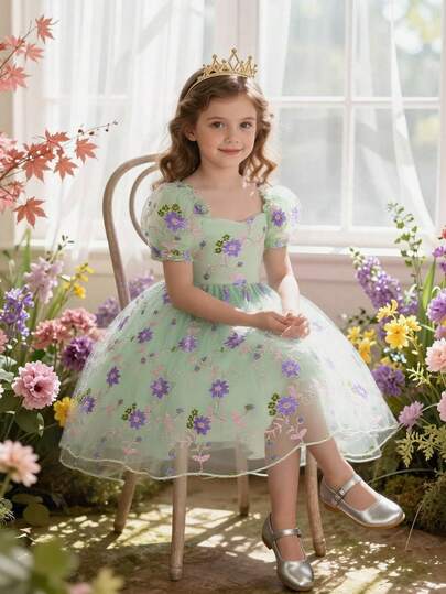 Glamorique Kids Young Girls' Princess Dress, Elegant Embroidered Gown, European And American Luxury Party Dress, Suitable For Stage Performance And Special Occasions