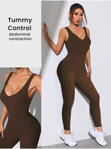 SHEIN Dewbera Women's Casual Solid Color Elastic Sports Jumpsuit, Summer - Coffee Brown - View 3
