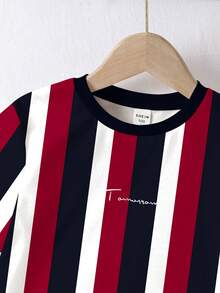 SHEIN Young Boy Casual Classic Striped Patchwork Graphic Print Round Neck Loose T-Shirt, Suitable For Summer - Multicolor - View 3