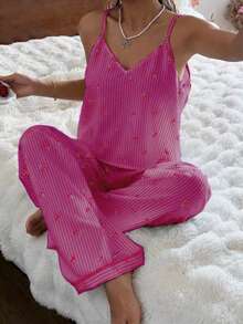 CottageSlumber Women's Bubble Crinkle Striped Cherry Print Camisole & Pants Pajama Set - Hot Pink - View 7