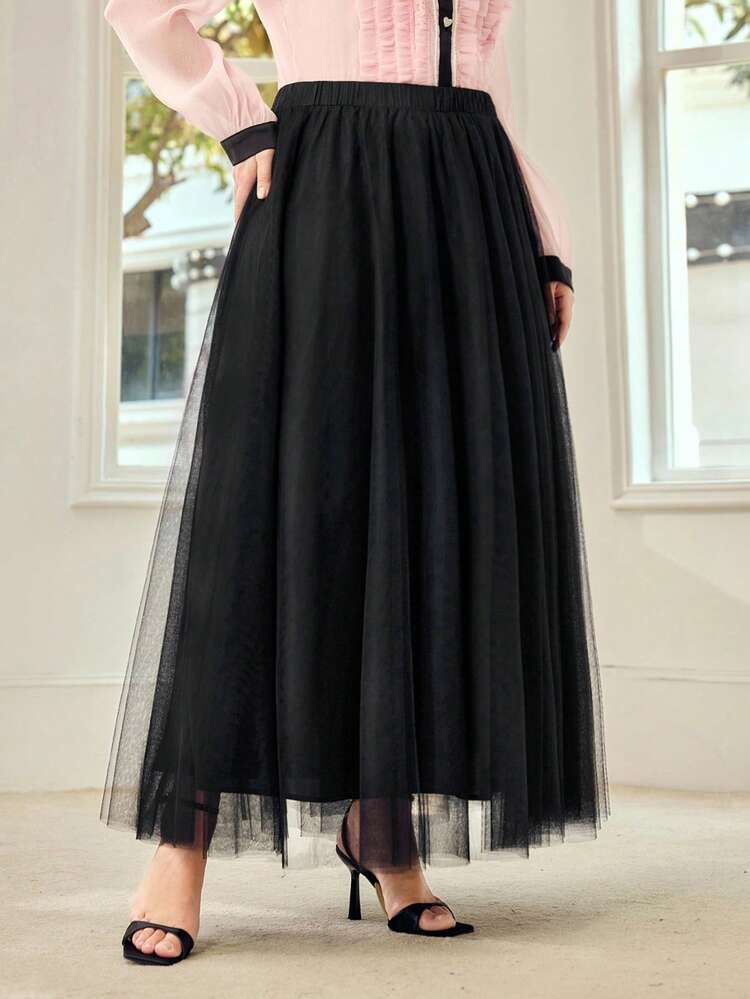 PLUS SIZE ELEGANT SOLID COLOR CONTRAST MESH ELASTIC WAIST SKIRT, AUTUMN