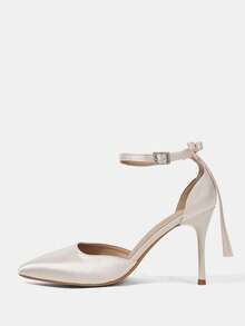 CUCCOO HITCHD Giày nữ mới, kiểu Pháp, gợi cảm, mũi kín, cao gót thời trang, gót thấp, gót nhọn, kiểu dây chéo, chất liệu satin, thích hợp cho tiệc tùng, đám cưới. - Màu trắng - Xem 4