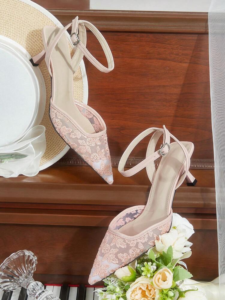 CUCCOO HITCHD French Floral Lace Mesh Pointed Toe Stiletto Sandals, Elegant French + Gentle Mature Style, Lace Embroidery, Suitable For Women's Daily Commute, Dates, Light Formal Occasions (Such As Afternoon Tea, Small Parties), Especially Paired With Dresses And Skirts Elegant Shoes Summer Shoes