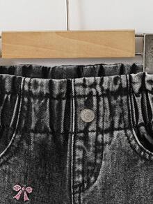 SHEIN Baby Girl Cute Bow Embroidered Tapered Jeans For Autumn/Winter 2026, Elastic Waist, Casual Outings, First Birthday - Light Grey - View 4