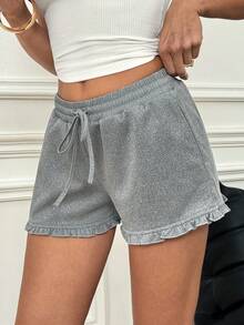 SHEIN Women's Grey Elastic Waist Drawstring Sports Casual Versatile Loose Home Shorts, Sweet Ruffle Trim Summer Sweatpants - Grey - View 5