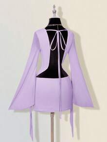 SHEIN ICON Vestido mini con escote pronunciado, parches de malla y espalda descubierta - Púrpura malva - Ver 8