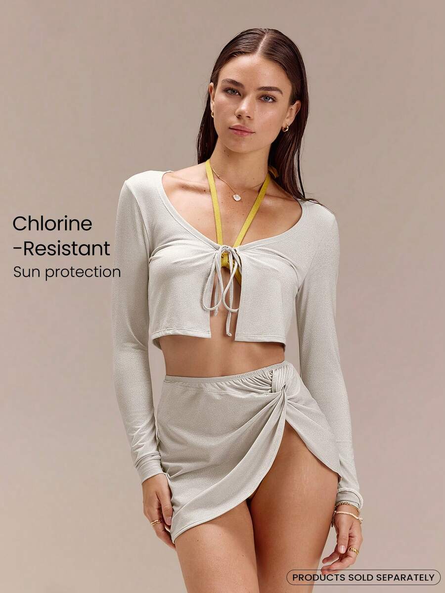 GLOWMODE Váy bơi chống clo, bóng bẩy, chống nắng, chất liệu kim loại, kiểu xoắn trước, thích hợp cho đi biển, hồ bơi, kỳ nghỉ hè. - Màu Xám nhạt - Xem 1