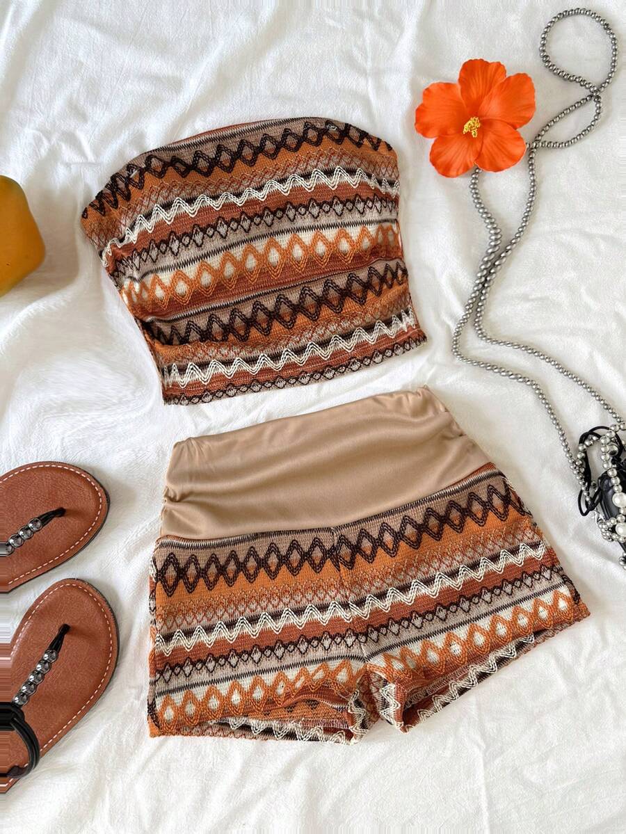 SHEIN Conjunto de top tubo y shorts a rayas para niña preadolescente - Caqui - Ver 1