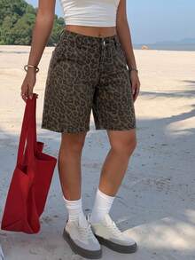 SHEIN PETITE Women's Leopard Print Slant Pocket Casual Wide Leg Denim Shorts - Brown - View 3