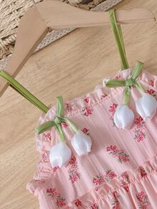 SHEIN Genkimix Kids Genkimix 女童休闲碎花装饰柔软舒适印花吊带裙，适合外出、海滩、度假、派对、夏季穿着 - 粉色 - 查看 3
