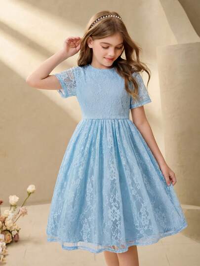 Vestido blanco de malla para niñas con bordado floral, para primavera/verano, vestido de niña de las flores para boda, fiesta de cumpleaños, de poliéster sin estiramiento, ligero y de longitud media con mangas cortas