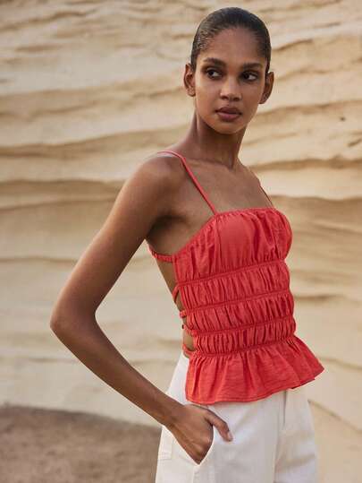  MAIJA Summer Beach Floral Smocked Shirred Spaghetti Strap Cami Top