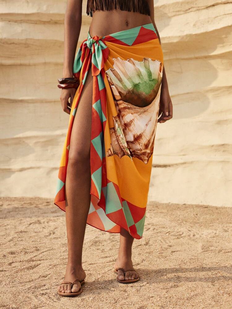 SHEIN Maija Orange & Green Seashell Print Women's Wrap Skirt, Minimalist Design, Suitable For Beach Holiday