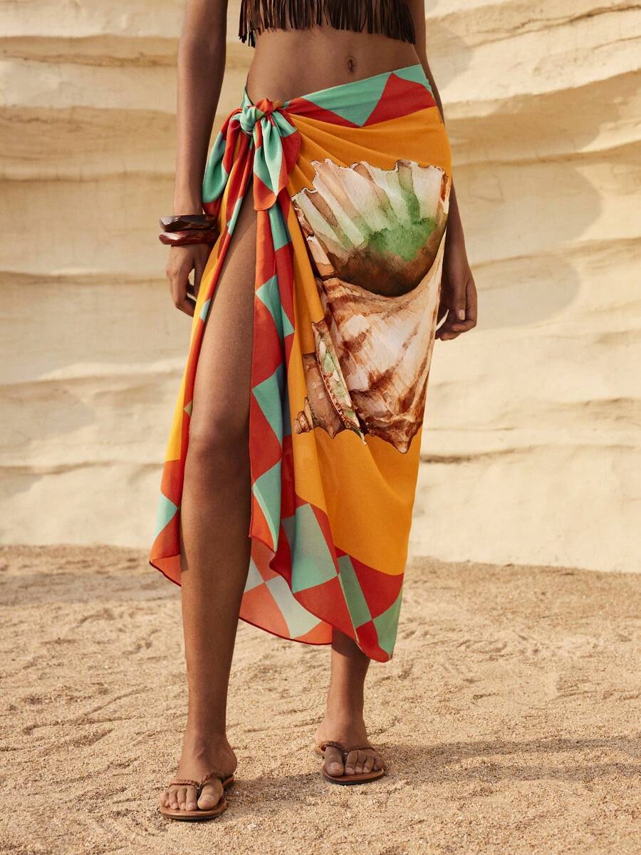 Maija Orange & Green Seashell Print Women's Wrap Skirt, Minimalist Design, Suitable For Beach Holiday - Multicolor - View 1