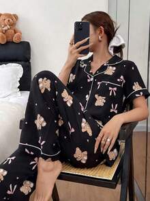 泡泡皱熊 & 蝴蝶结印花短袖睡衣套装 - 黑色 - 查看 4