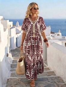 Breezaya Vestido largo con cuello en V, cintura ceñida, estampado francés y flecos, estilo de vacaciones - Rojo y blanco - Ver 3