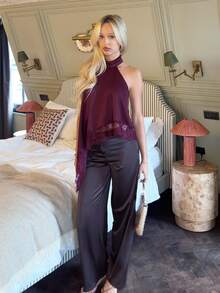 Theaadoraa Elegant Lace Trim Backless Camisole Top, Sexy Satin Patchwork Sleeveless Blouse For Party, Cocktail, Formal Occasions, Business Casual Halter Neck Top,Summer Outfits For Women,Tank Top - Maroon - View 4