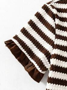 SHEIN 2pcs/Set Tween Girls T-Shirt Set,Brown And White Striped Knit Cute Bow Decor Ruffle Hem Top&Loose Shorts,Summer School Outing Clothes For Party,Daily - Coffee Brown - View 4
