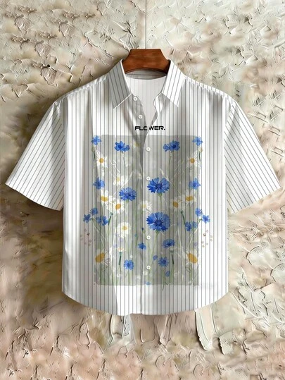 STEELVANCE Boxy Shirt Streetwear  Men's Summer Casual Striped & Floral Print Button-Front Short Sleeve Shirt