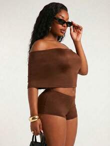 SHEIN SXY Plus Size Brown High-Elastic Knit Off-Shoulder Cropped Top And High-Waist Super-Slim-Fit Shorts Two-Piece Set,Summer Casual Gym Bohemian Street Wear - Coffee Brown - View 4