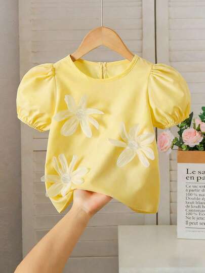 Áo thun tay cánh hoa họa tiết hoa 3D cho bé gái mùa hè, kiểu dáng thường ngày, thích hợp đi nghỉ mát.