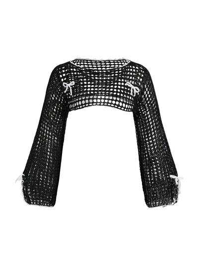 ROMWE Kawaii Suéter de manga larga corto y versátil con lazo y calado para mujer de talla grande