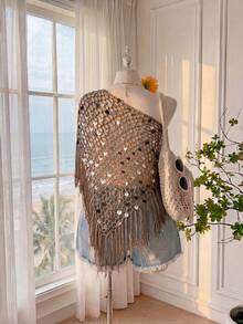 Comfortcana Blusa casual de punto con lentejuelas, calado y flecos para mujer de talla grande - Caqui - Ver 2